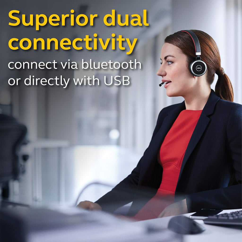 Jabra Evolve 65 Wireless Stereo On-Ear Headset – Unified Communications Optimised Headphones With Long-Lasting Battery – USB Bluetooth Adapter – Black