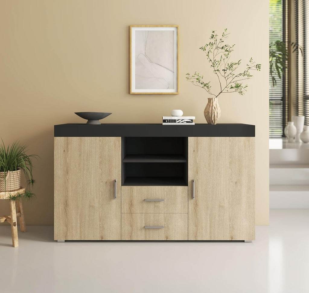 MB Muebles Bonitos, Buffet Roque pour Salon et Salle à Manger Moderne, Meuble TV en Mélamine, Couleur Noir Brillant et Sonoma Mat, 140x80x40 cm