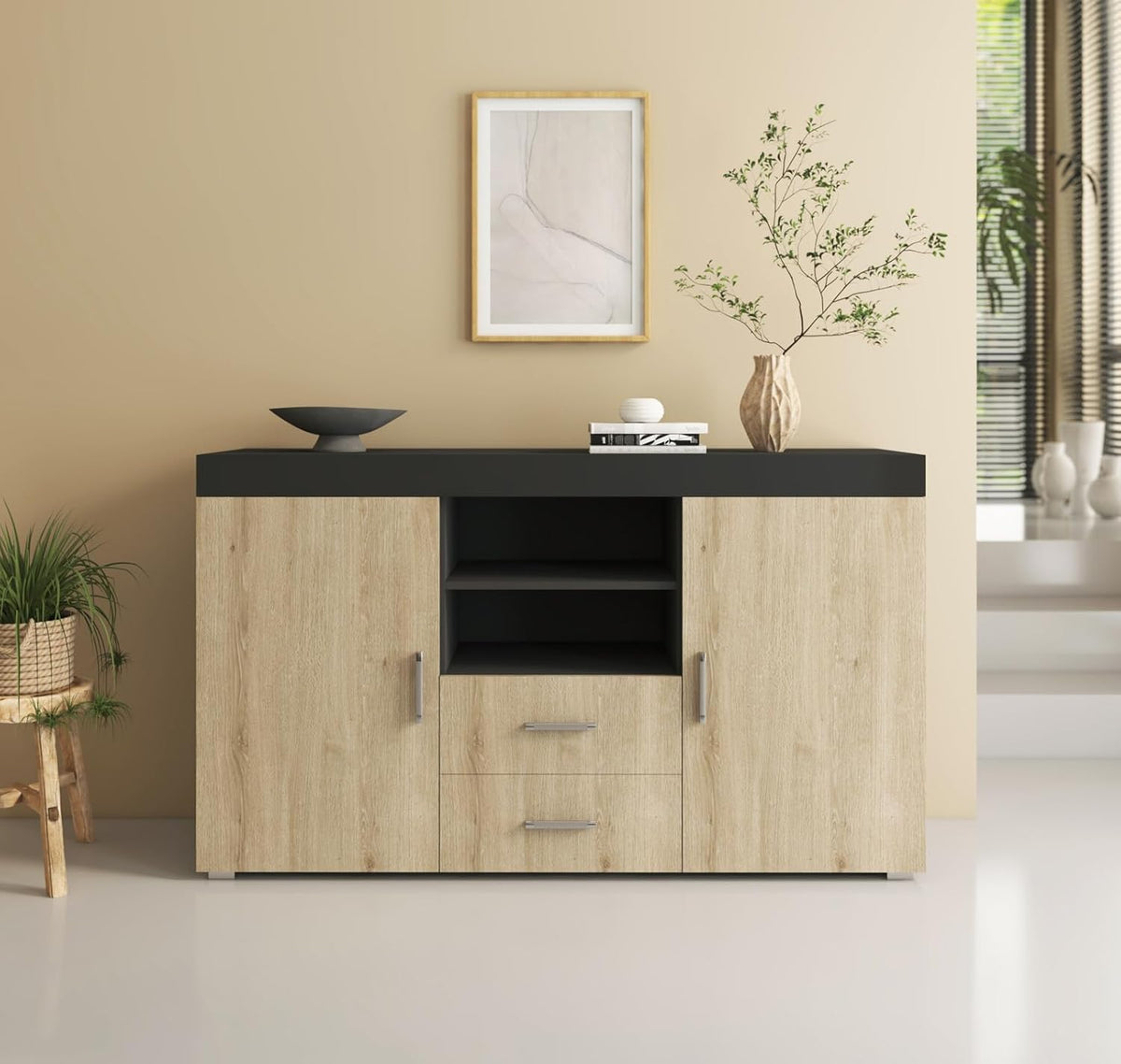 MB Muebles Bonitos, Buffet Roque pour Salon et Salle à Manger Moderne, Meuble TV en Mélamine, Couleur Noir Brillant et Sonoma Mat, 140x80x40 cm