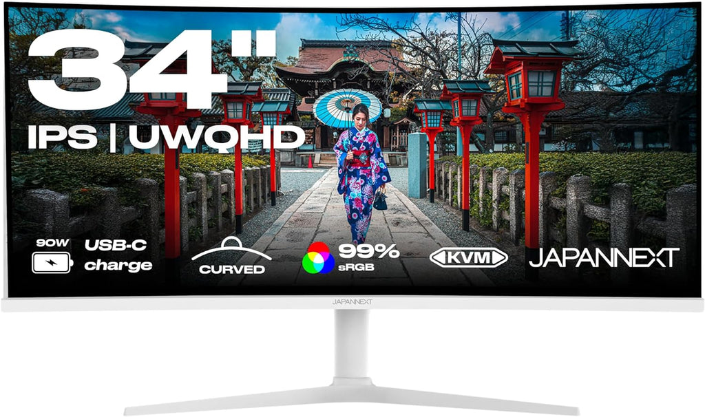 JAPANNEXT Ecran PC Incurvé Blanc 34" IPS UWQHD (3440x1440) | HDR & KVM | Recharge Via USB-C(65W) Hauteur réglable Haut-parleurs intégrés | G-Sync/FreeSync | JN-IPS34Q-HC6-W