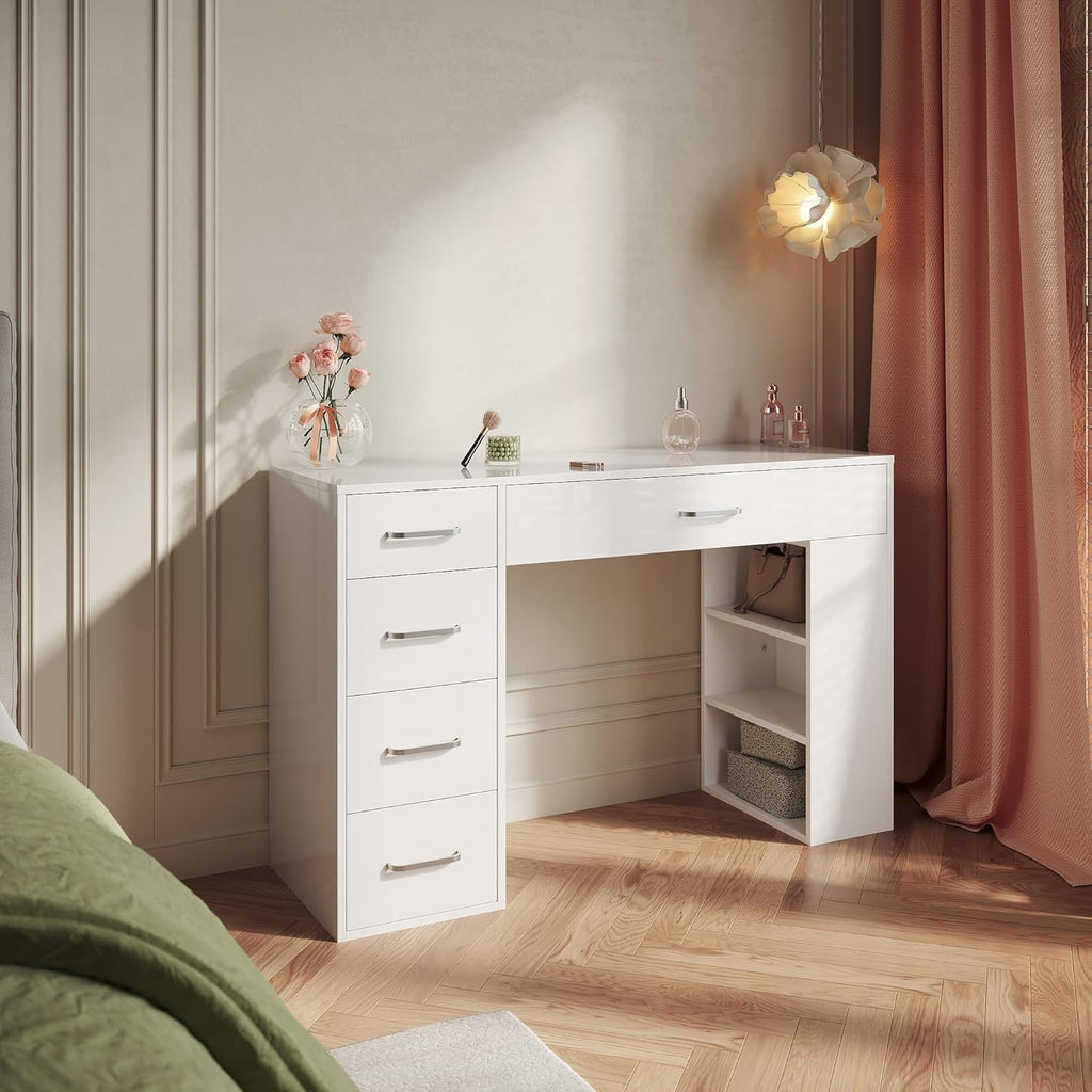 SIRHONA Coiffeuse sans Miroir, Table de Maquillage avec 5 Tiroirs Rangement, Table de Maquillage avec 6 Cloison,Blanc Bureau Coiffeuse, 120x40x77cm