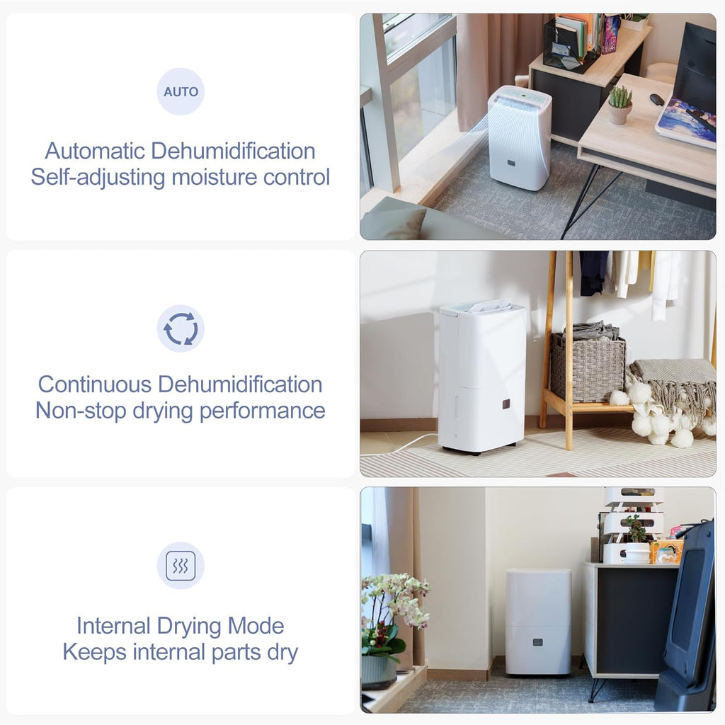 Deshumidificateur d’Air Électrique 90L/Jour Anti-Moisissures avec Pompe Relevage 5m - Silencieux 43dB pour Cave, Chambre, Salle de Bain 240m² | Réservoir 8L, Drainage Continu
