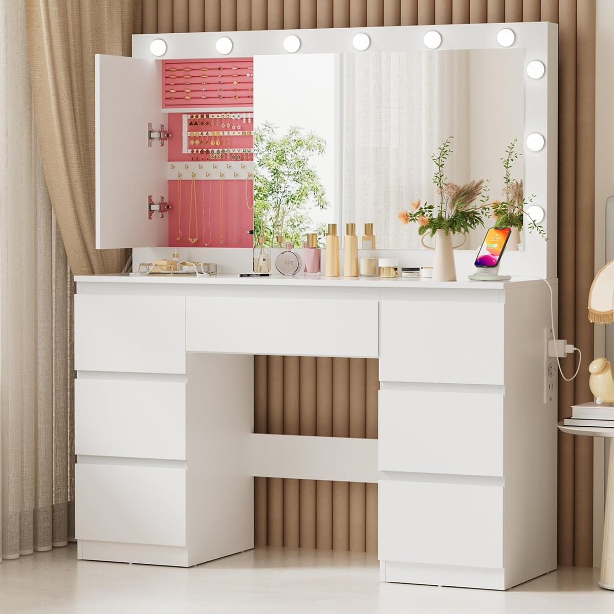 TRIUMPHKEY Coiffeuse avec Grande Miroir et Multiprise, 12 Ampoules LED Réglables, Table de Maquillage avec 7 Tiroirs, Rangement de Bijoux, 120x40x140cm Grande Commode Moderne Blanc
