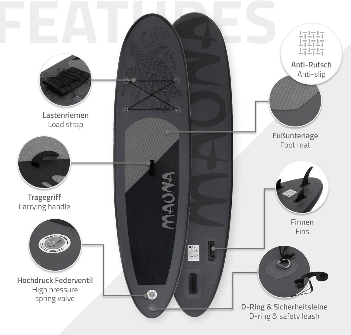 ECD Germany Stand Up Surf Paddle Board Gonflable 305/308/320/380 cm | PVC | jusqu'à 120/150 kg | Épaisseur 10/15 cm | Planche de Surf Pagaie Sac de Transport Pompe à Air | Diverses Couleurs Modèles