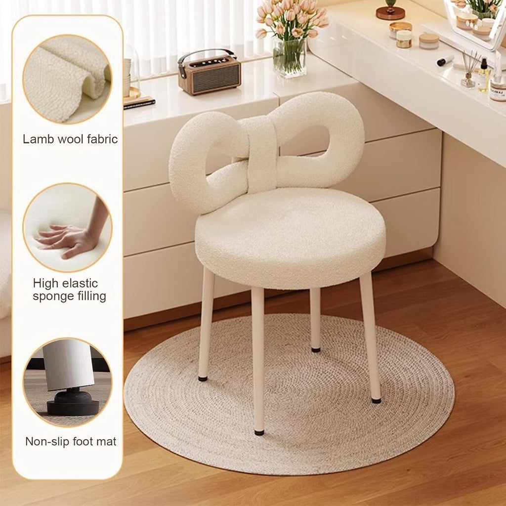 Tabouret de coiffeuse avec dossier réglable et nœud papillon - Chaise de maquillage sans accoudoirs pour chambre de fille - Élégant siège de coiffeuse avec coussinets de pieds - Blanc