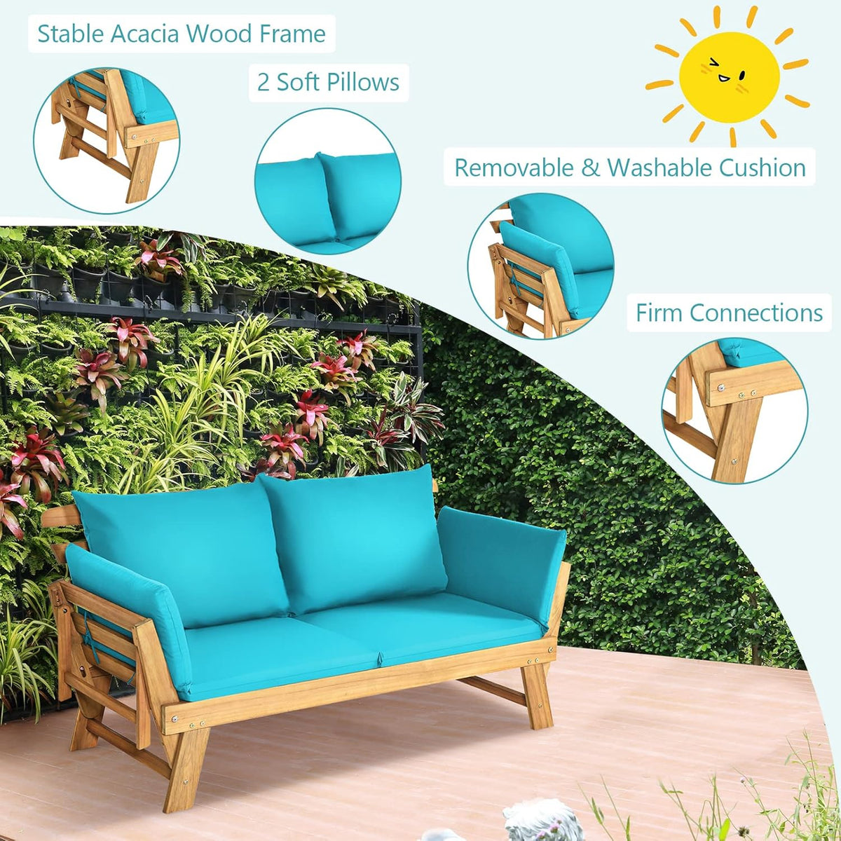 GIANTEX Daybed Canapé-lit pliable pour extérieur 2 personnes avec coussins et oreillers, cadre en bois pour porche avant et patio arrière Bleu turquoise