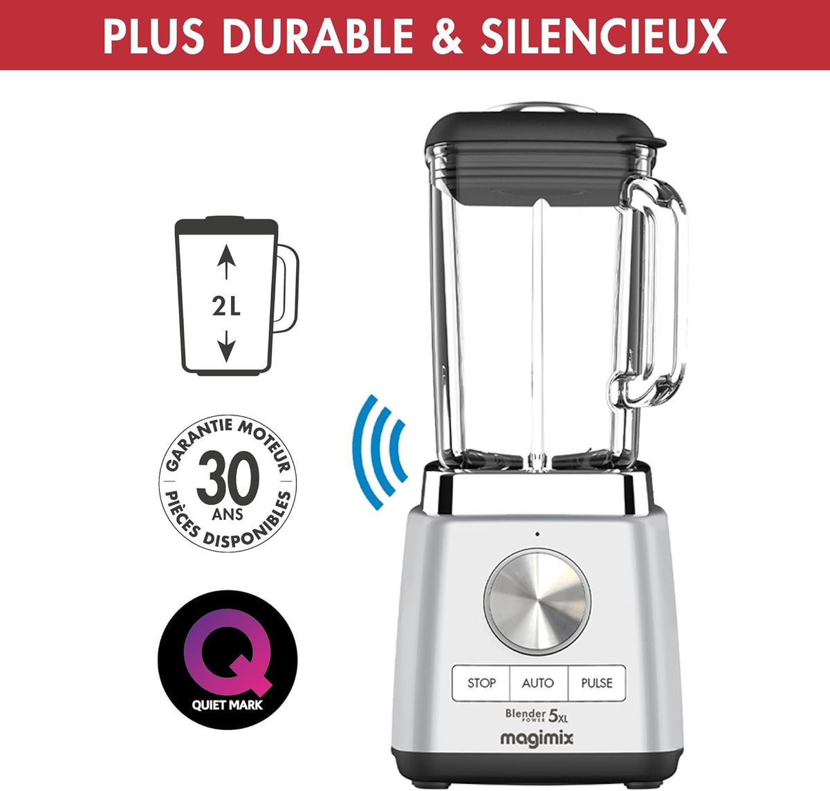 Magimix Blender Power Mixeur Professionnel 5XL Connect - Hachoir, Blender pour Smoothie, Mixeur Soupe, Hachoir Multifonction - Bol en verre - Chrome