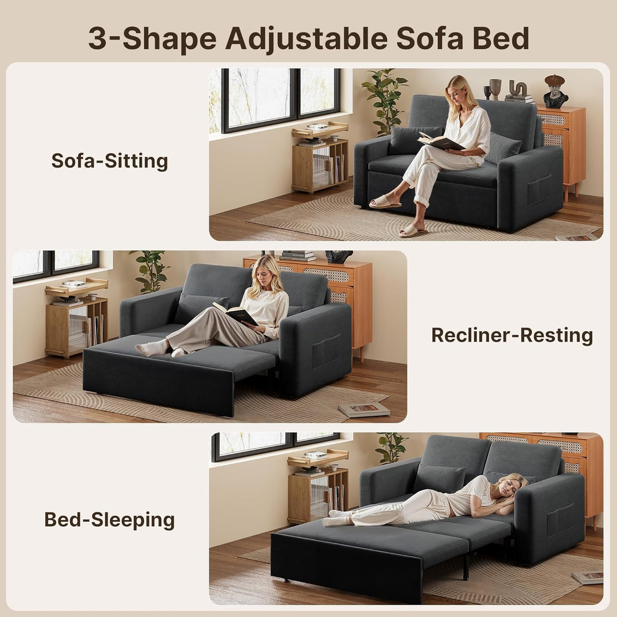 Xbro Canape lit 2 Places Convertible 147x196x87 cm, Canapé-lit 2 Places Extensible à 4 roulettes, Sofa-lit Moderne en Velours, Gris foncé
