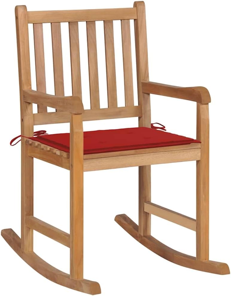 Fauteuil à Bascule en Teck Massif, avec Coussin Rouge, Design Confortable et Durable, Fauteuil a Bascule Exterieur, Fauteuils de Jardin, pour Intérieur et Extérieur, Rouge, 58 x 92.5 x 106 cm