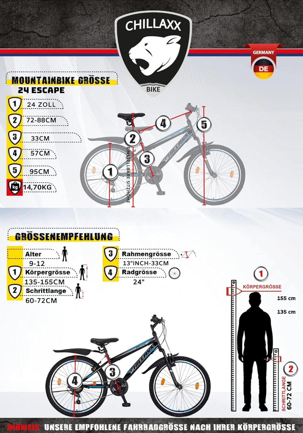 Chillaxx Bike Escape Premium VTT de 24 et 26 pouces pour filles, garçons, hommes et femmes, 21 vitesses