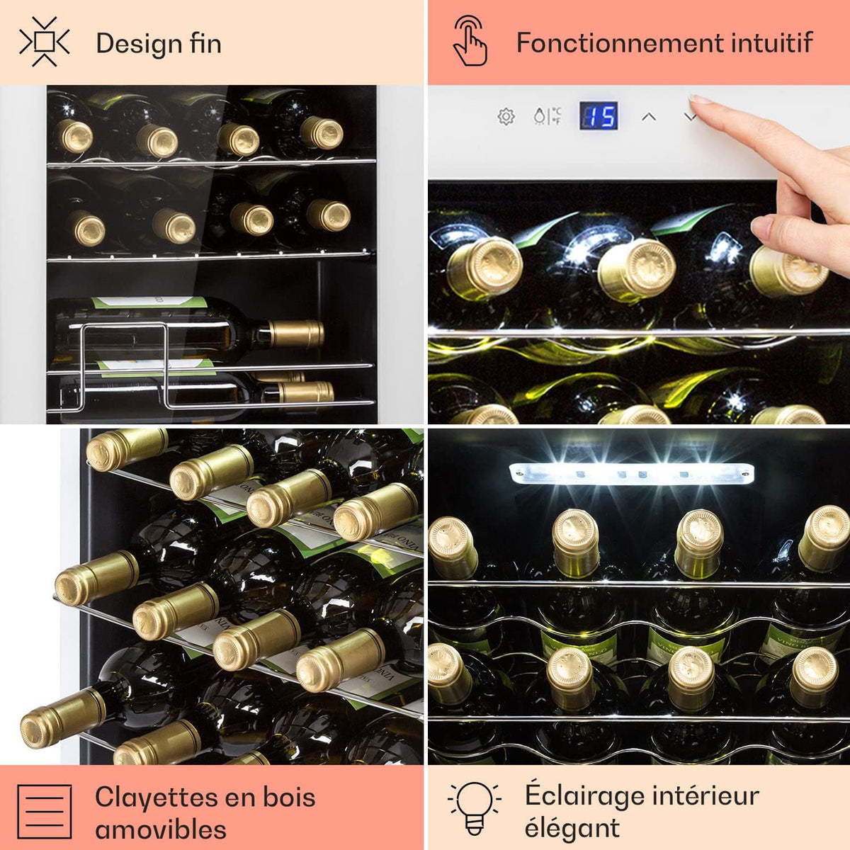 Klarstein Shiraz Cave a Vin, Réfrigérateur à Vin à une Zone, Cave à Vin de Vieillissement, Prosecco et Bière, Ecran Tactile, Réfrigérateur de Bar, Frigo Interieur/Exterieur, 5-18°C, 28 Bouteilles