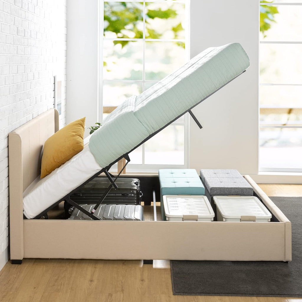 Zinus Maddon Lit Coffre 140x190 cm - Hauteur 31 cm - Système de Levage Hydraulique - Tête et Cadre de Lit Double en Bois tapissier - Beige
