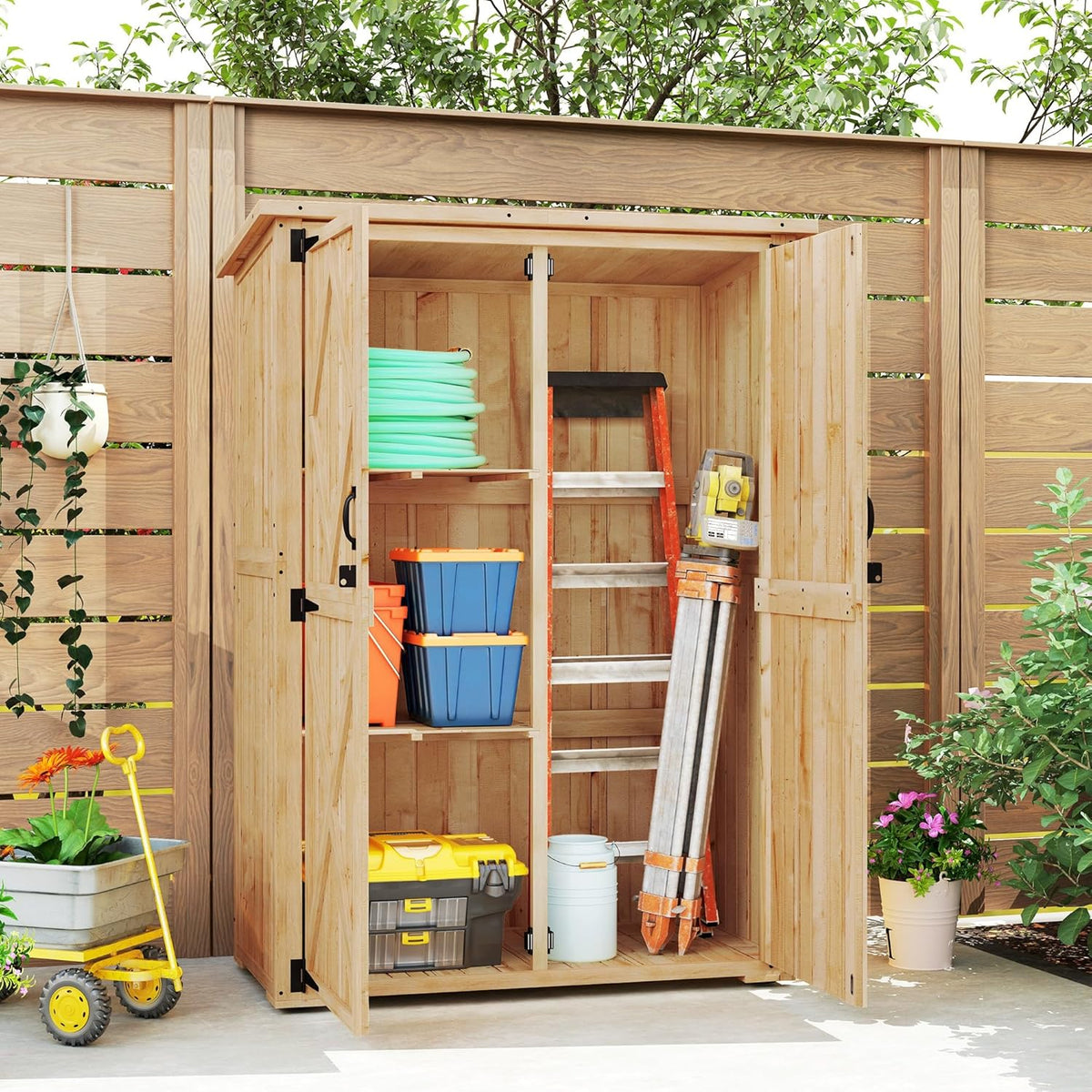 Outsunny Armoire de jardin en bois, abri de jardin avec double porte verrouillable, toit en asphalte, étagère 116,5x57x167cm, résistant aux intempéries, abri de jardin pour le jardin, la terrasse,