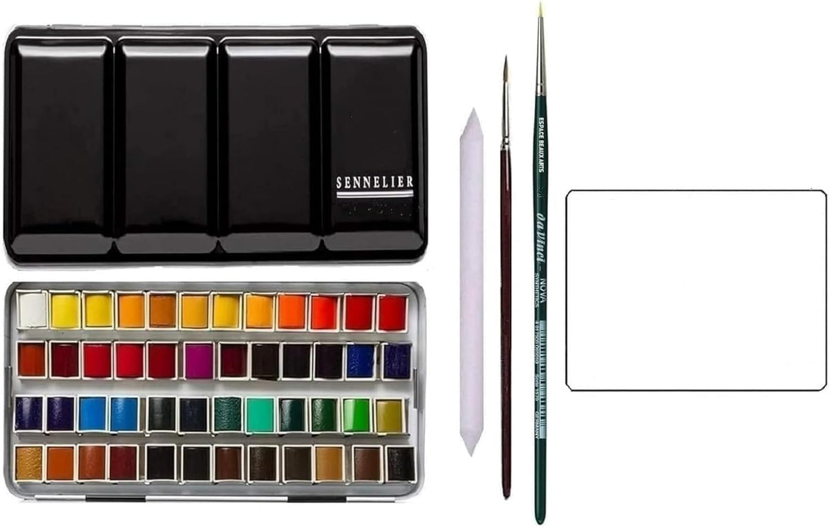 Sennelier Boîte de Peinture Aquarelle Extra-Fines,48 demi-godets Boîte en métal(36 +12) avec 2 pinceaux + 2 cartes postales et estompe EMI CRAFT