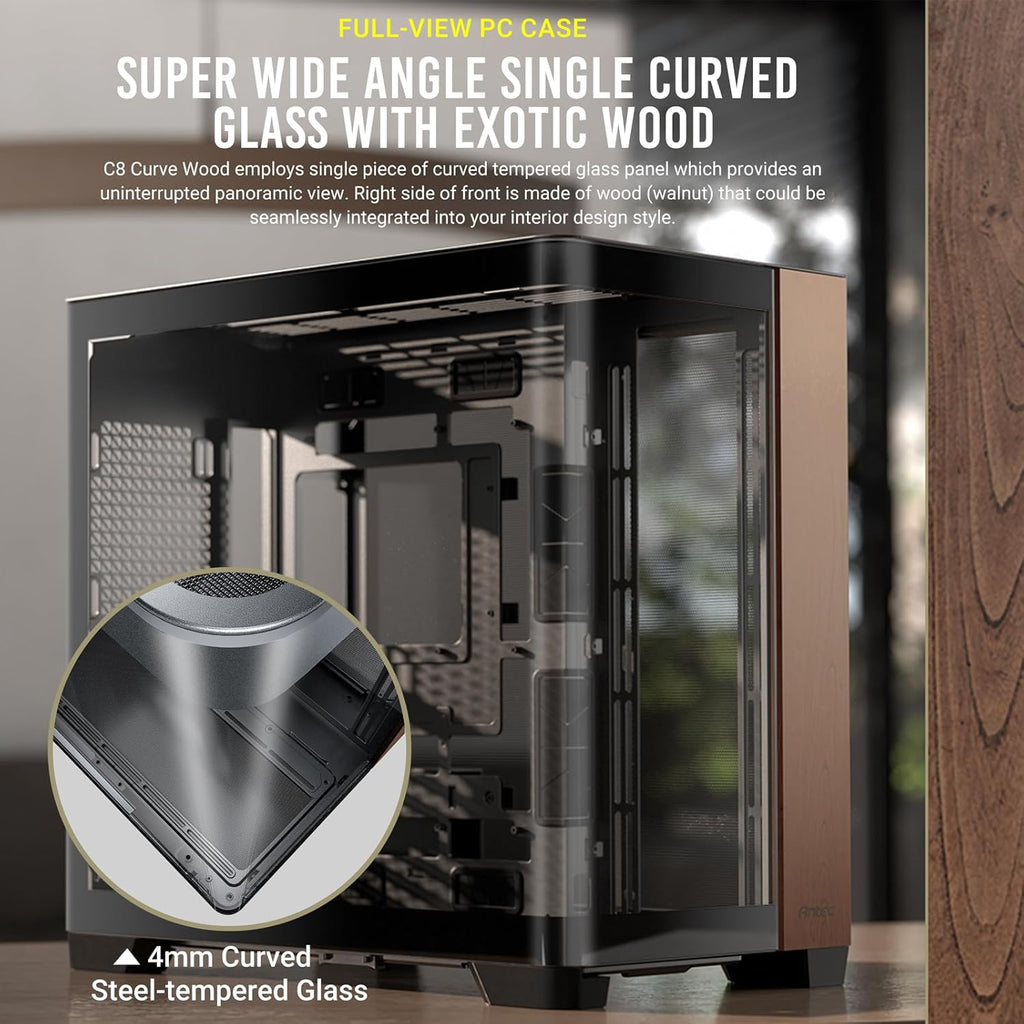 Antec C8 Curve Wood Boîtier PC E-ATX à tour complet, panneau avant en bois, verre incurvé simple super grand angle, disposition double chambre, type C, support de radiateur 360 mm, compatible RTX 40