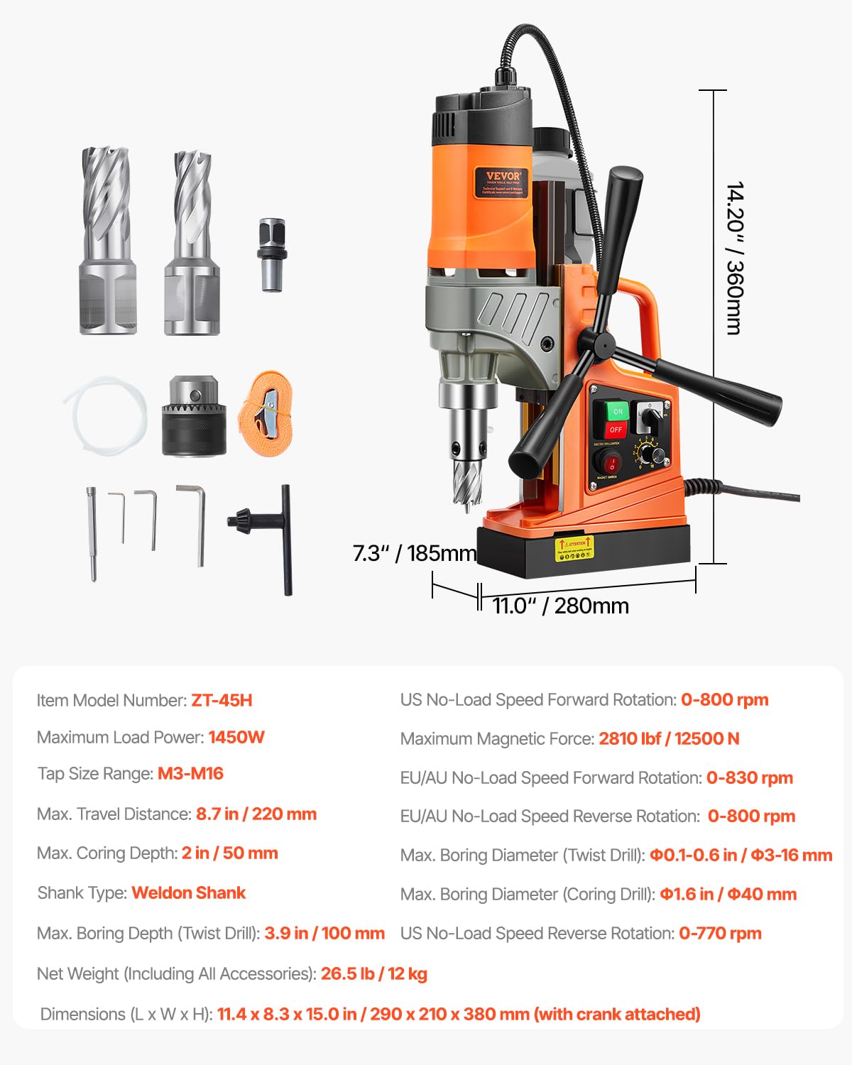 VEVOR Perceuse magnétique, 1450 W, perceuse électrique portable, diamètre d'alésage 40 mm, 12500 N, 800 tr/min, avec vitesse variable, pour rénovation maison construction de navire chemin de fer pont