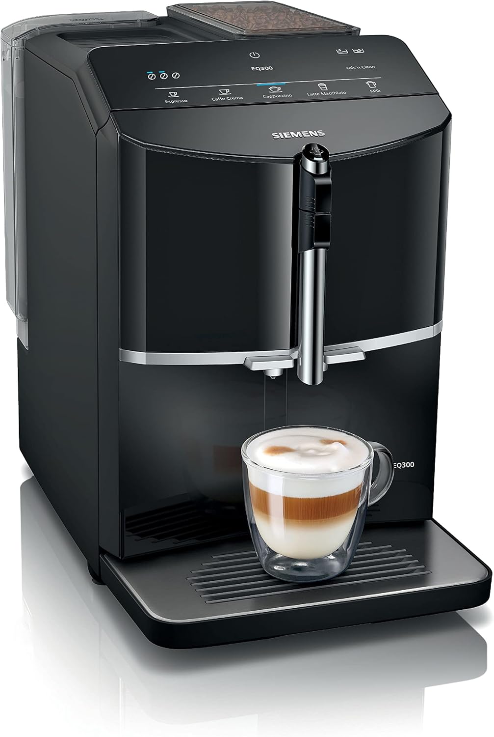 SIEMENS, machine à café tout automatique, EQ300, ceramDrive, milkPerfect, fonction oneTouch, noir piano, TF301E19