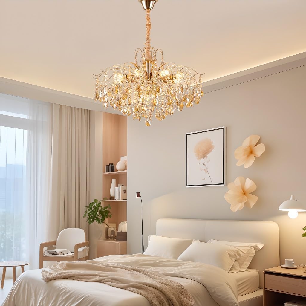 DOCJX Lustre Salon Moderne - Cristal Dimmable E14 Lampe Suspendue En Cristal K9 Avec Finition Dorée, Luminaire D'Intérieur Réglable Adapté Pour Lustre De Salle À Manger Et Chambre, Salon 60CM