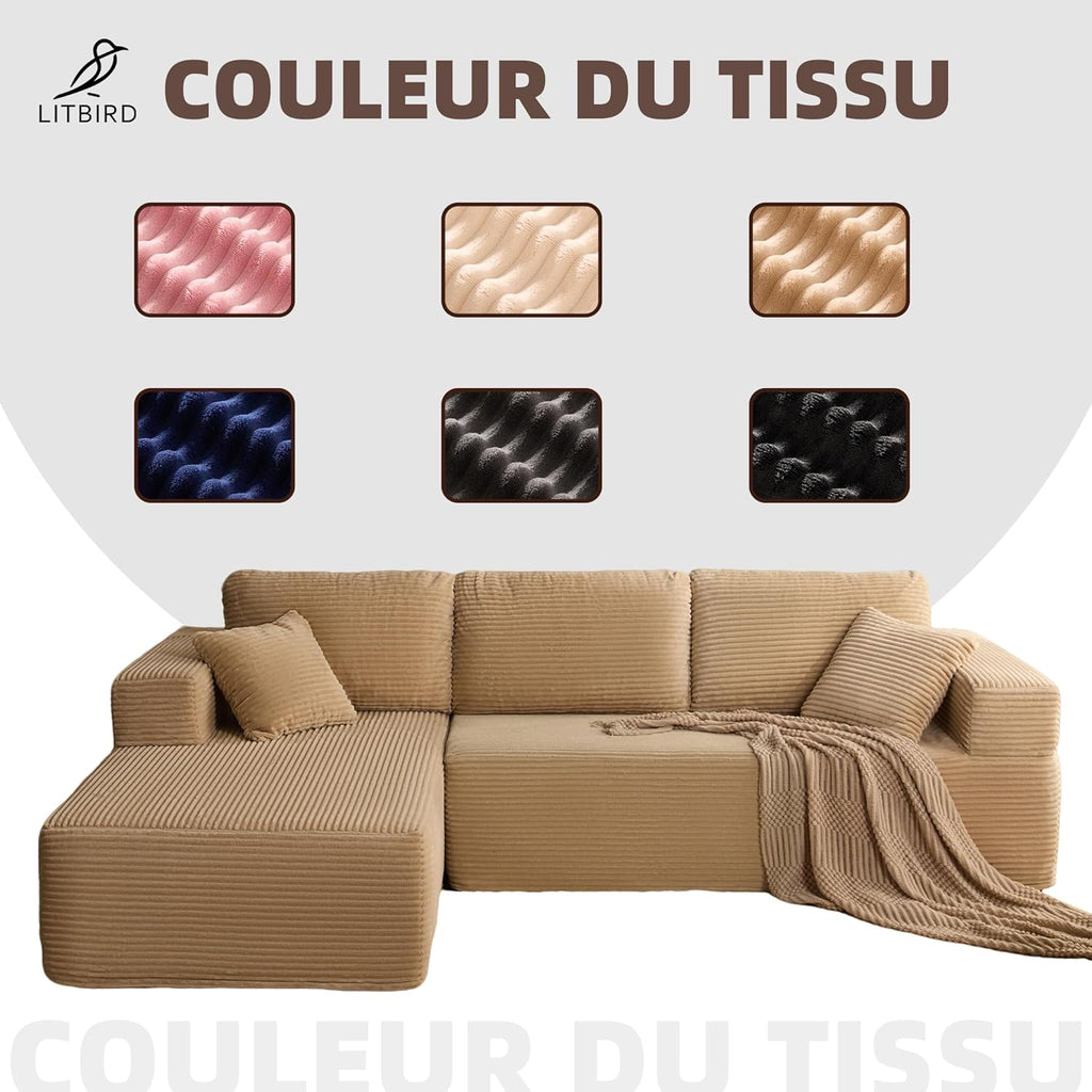 272 cm Canapé d'angle en Forme de L avec Fonction Couchage - Canapé modulaire avec méridienne Gauche - Assise Extra Profonde - Canapé-lit pour Salon (Camel, Méridienne Gauche)