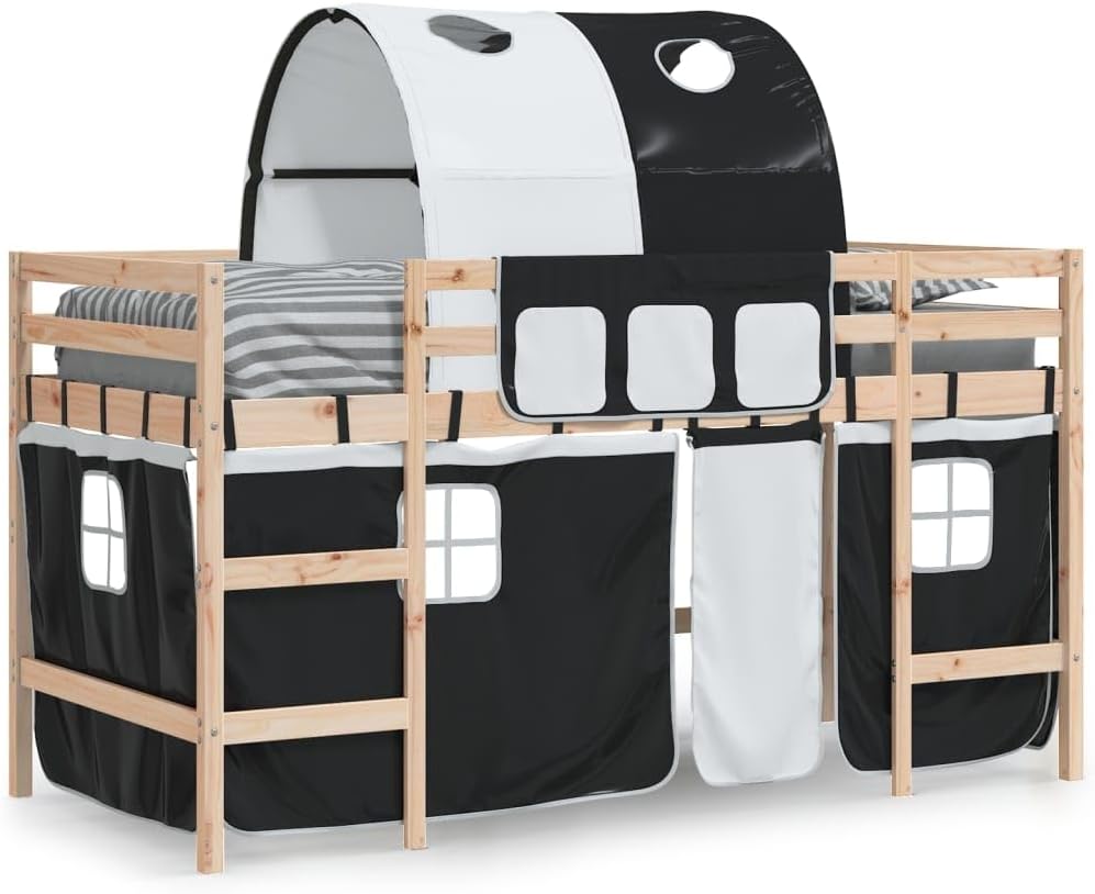 vidaXL Lit Mezzanine Enfants et Tunnel, Lit Surélevé pour Enfants avec Échelle, Meuble de Rangement Chambre, Moderne, Blanc Noir 90x190 cm Pin Massif
