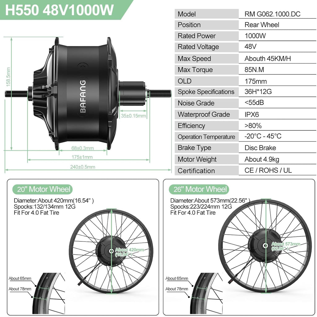 BAFANG 48V 1000W Kit De Conversion Vélo Électrique G062 20-26 Pouces Fat Tire 20x4.0 avec Affichage Optionnel Et 48V Batterie, Kit de Conversion E-Bike