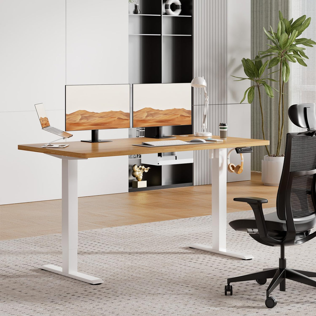 JUMMICO Bureau réglable en Hauteur - Plateau de Table Complet - Réglable en Hauteur - avec Fonction mémoire - 140 x 60 cm - Beige