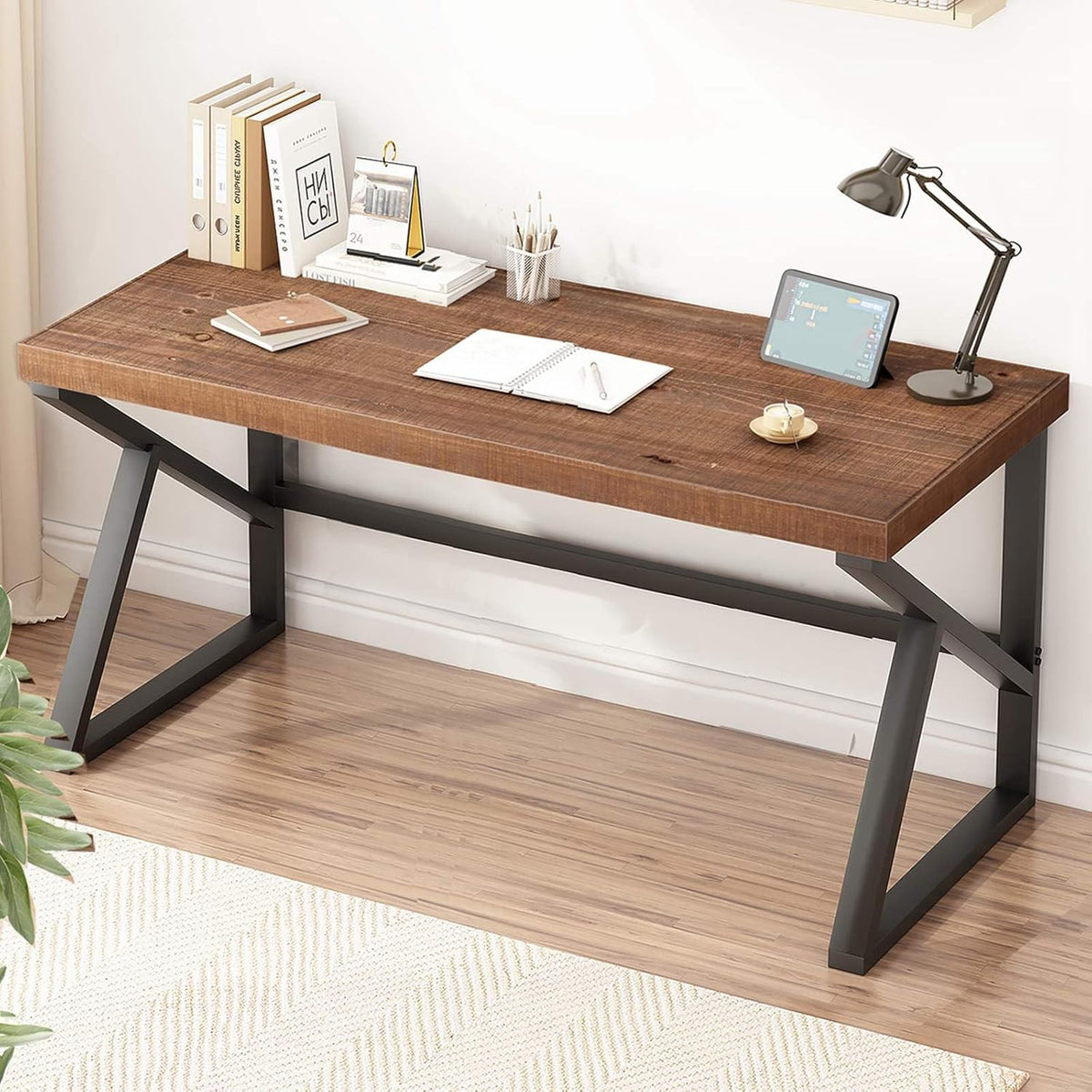 IBF Bureau d'Ordinateur Minimaliste en Bois Véritable Naturel Bureaux Rustique pour Bureau Table de Travail en Bois Industriel Vintage Marron 152 cm
