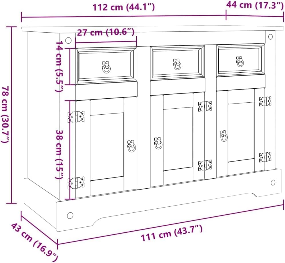 vidaXL Buffet « Corona » Marron 112 x 44 x 78 cm Bois Massif Pin Mexicain