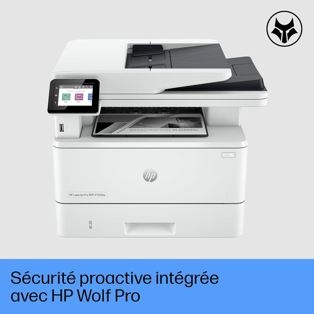 Laserjet Pro MFP 4102fdw, 2Z624F, imprimante Multifonction A4, Impression Automatique Recto-Verso, 42 ppm, Port USB hôte, Wi-FI, Ethernet, fax, ADF, Smart, Blanche