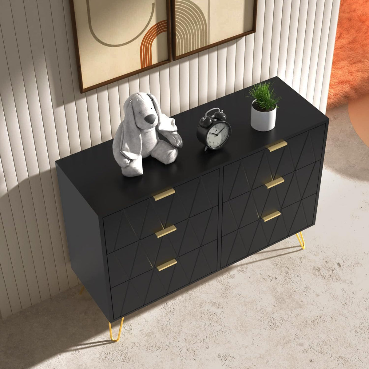 UEV Commode, Armoire avec 6 Tiroirs, Meuble de Rangement Chambre Enfant/Adulte, 100 x 34 x 73cm, Buffet Salon, Style Scandinave Elégant, Couleur Noir