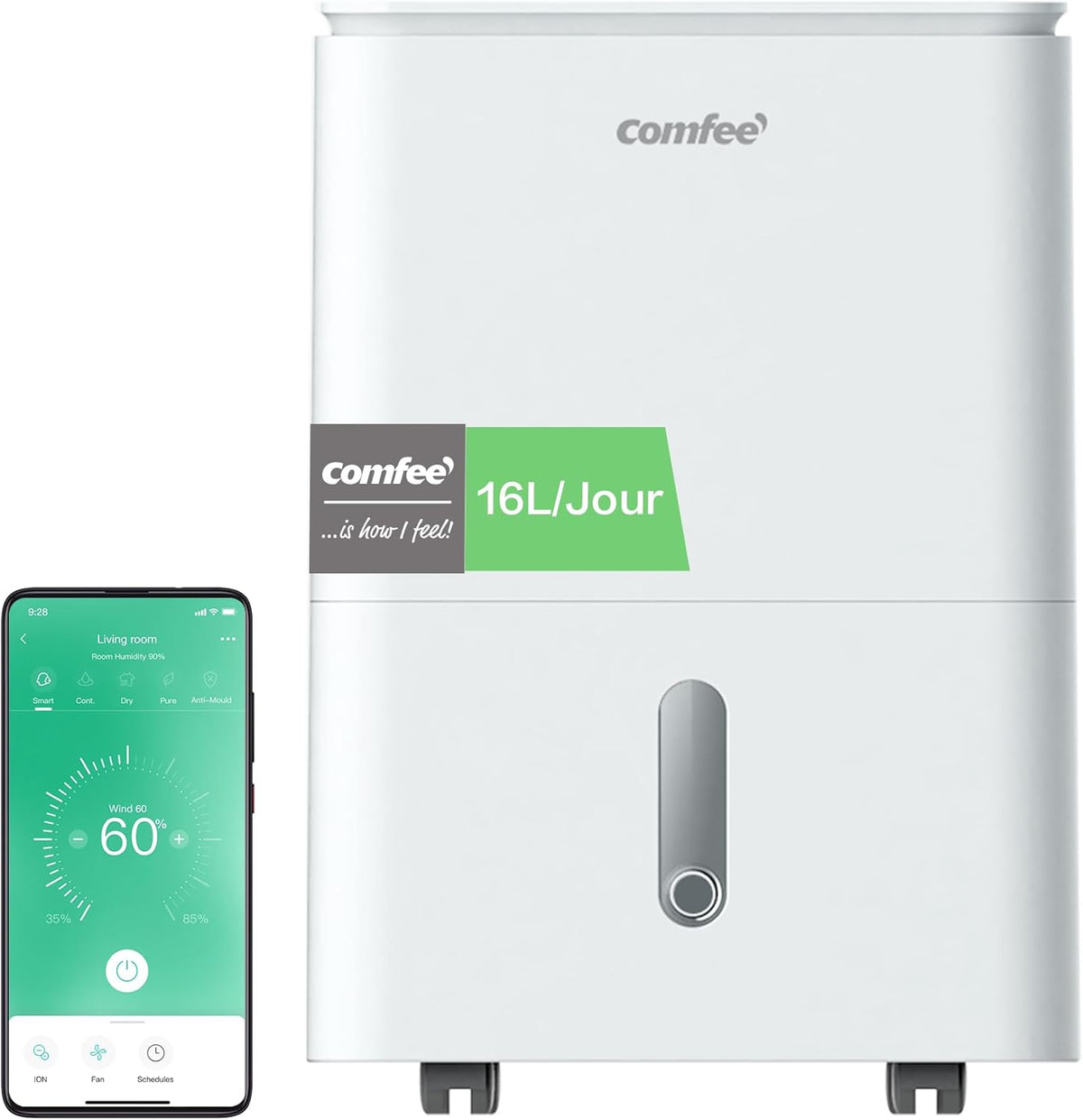 Déshumidificateur 2-EN-1,Elimine l'humidité jusqu'à 16L-Jour, Purification d'air avec ioniseur, 4 Modes, Fonction Air Swing, Contrôle APP, Idéal pour pièces de 29-44㎡, Easy Dry 16