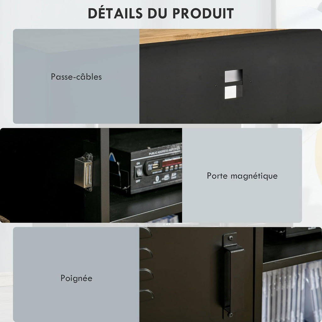 HOMCOM Meuble TV Banc TV pour téléviseurs de 55'' avec 2 Placards Pieds Réglables Cadre métalique Noir Plateau en Bois Naturel 150 x 40 x 50 cm