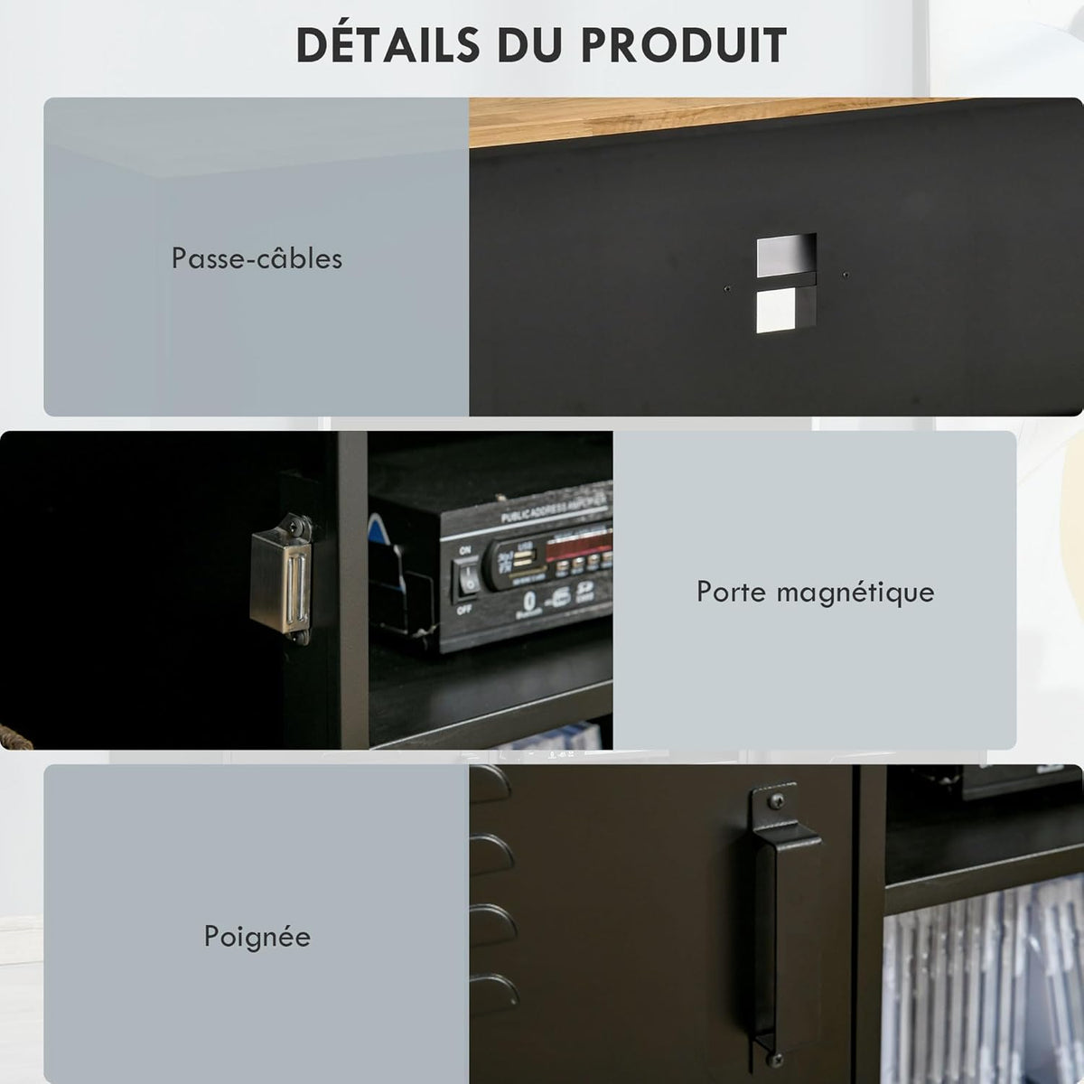 HOMCOM Meuble TV Banc TV pour téléviseurs de 55'' avec 2 Placards Pieds Réglables Cadre métalique Noir Plateau en Bois Naturel 150 x 40 x 50 cm