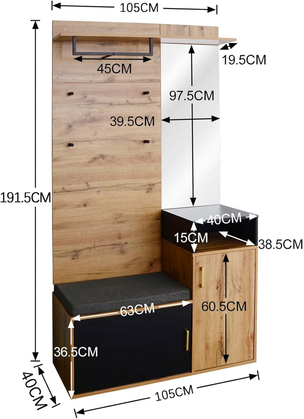 KOMHTOM Buffet à chaussures en grain de bois, armoire de rangement avec crochets, miroir et deux portes, armoire polyvalente pour entrée, couloir, chambre à coucher (C)