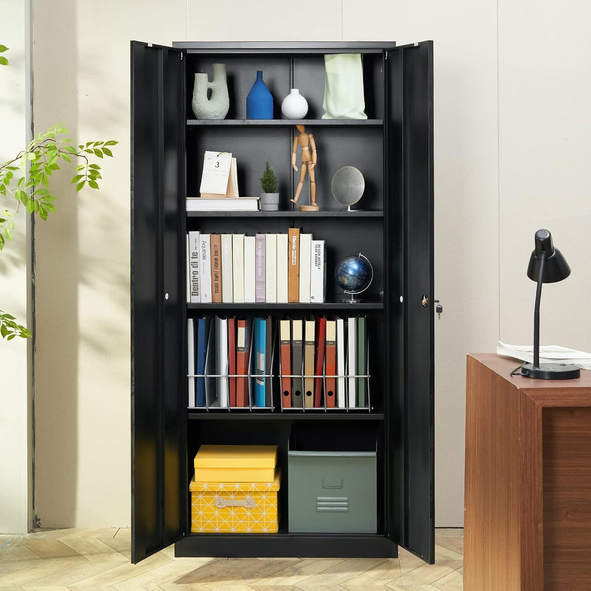 VEVOR Armoire de rangement en métal, armoire de rangement verrouillable en acier avec 2 portes magnétiques et 4 étagères réglables, armoire en métal de 180,7 cm, capacité de 90,7 kg par étagère avec 3
