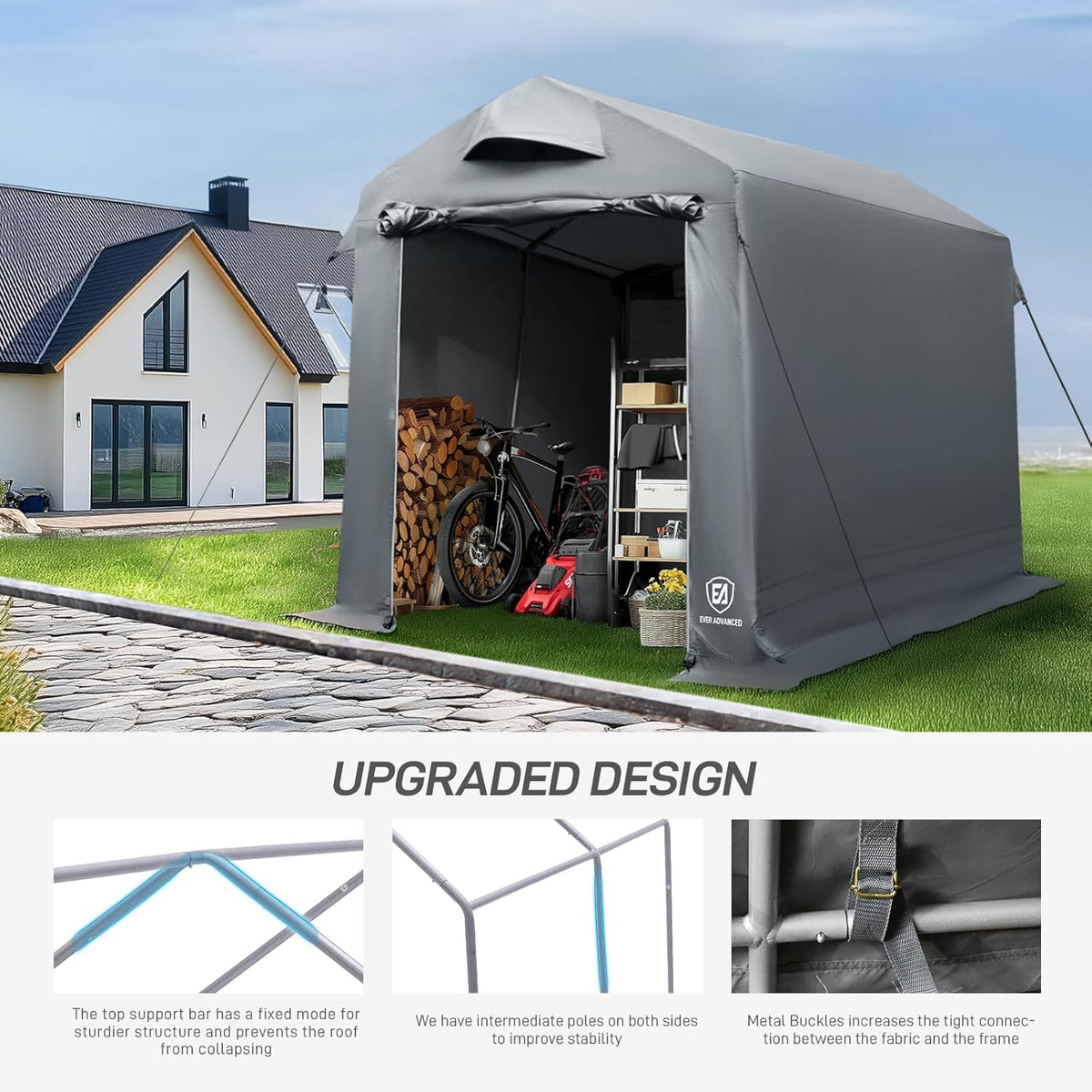 EVER ADVANCED Abri de Jardin 9.8m³ Tente de Stockage 190x230x225cm, Abri de Jardin étanche avec 2 Ouvertures d'aération, Garage à vélos abri de vélo Garage de Rangement abri Tout Usage, Gris