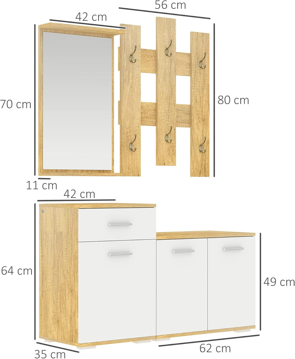 HOMCOM Ensemble d'entrée 3 en 1 avec Cintre, Miroir et Meuble à Chaussures avec Banc en Bois, en Bois et Blanc