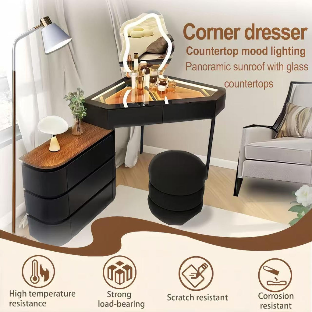 Generisch Ensemble de coiffeuse d'angle avec tabouret, table de maquillage avec 3 éclairages LED réglables/5 tiroirs, table de maquillage en L pour la chambre à coucher, 80 cm Noir