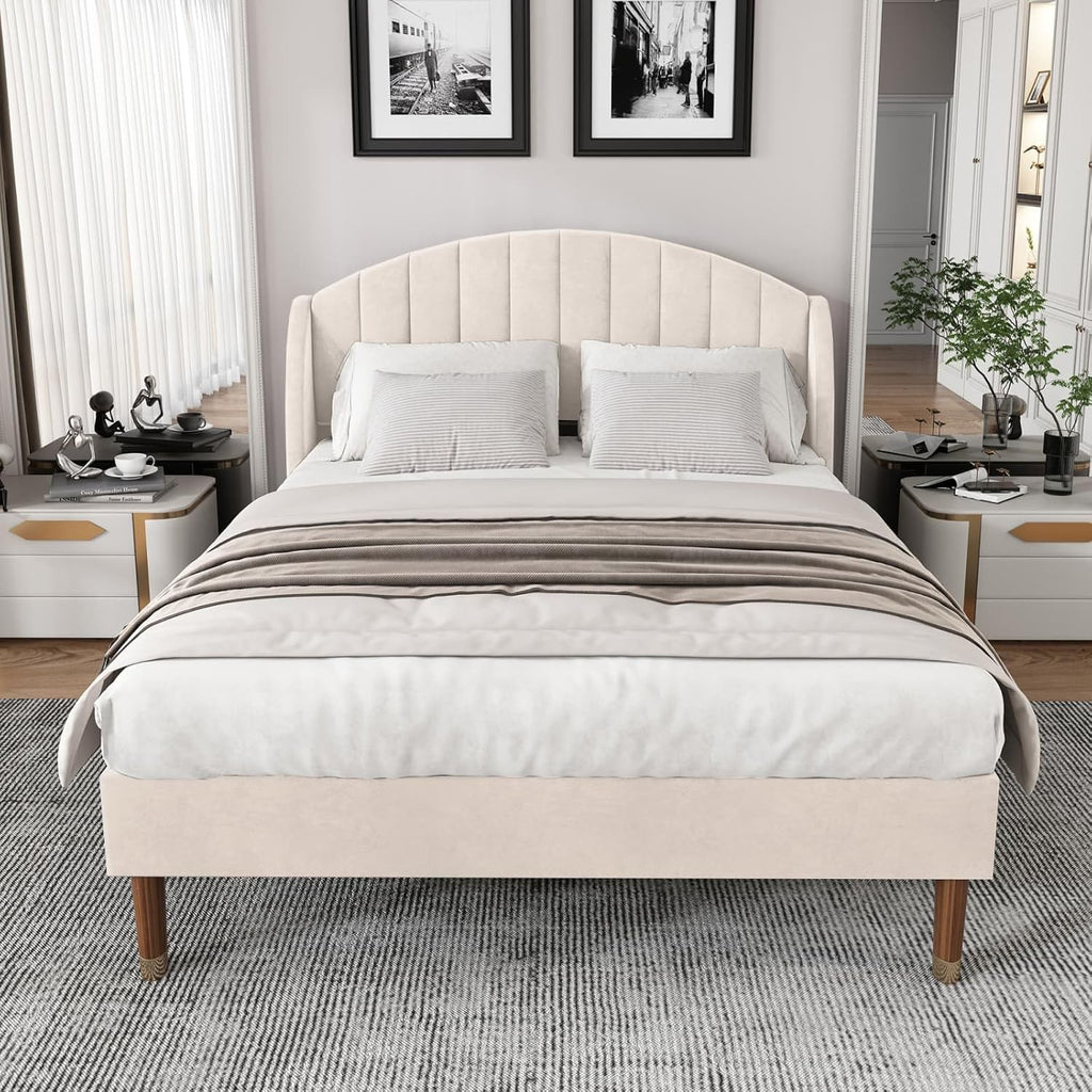 KOMHTOM Lit Double Rembourré en Velours avec Tête de lit, Lit Plateforme pour Adolescents et Adultes,Chambre à Coucher sans Matelas Beige, 160 x 200cm