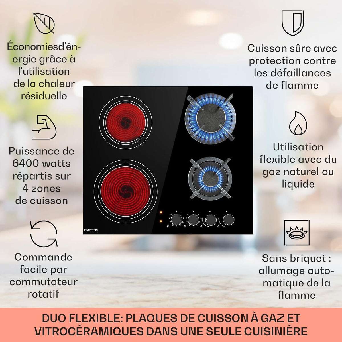 Klarstein Plaque de Cuisson Mixte 4 Feux, Vitrocéramique et Gaz, Acier Inoxydable, 6.4kW