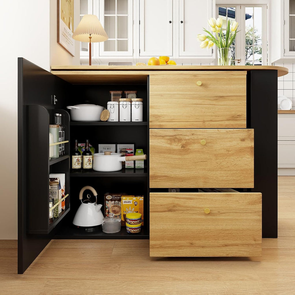 KOMHTOM Table de Bar Extensible avec Espace de Rangement(138-204 x 39 x 104 cm), Table à Manger Pivotante à 360°, 3 Tiroirs et étagères latérales