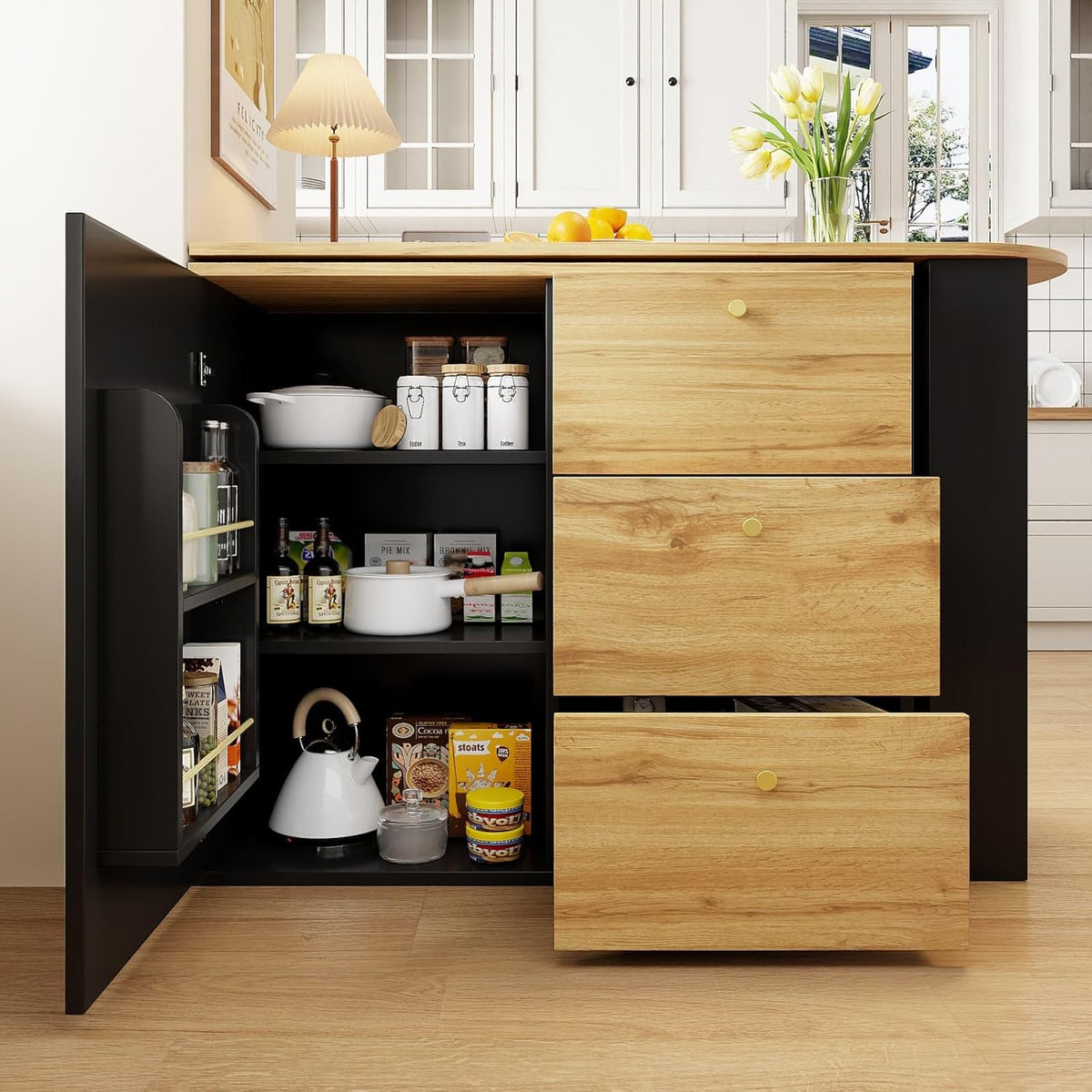 KOMHTOM Table de Bar Extensible avec Espace de Rangement(138-204 x 39 x 104 cm), Table à Manger Pivotante à 360°, 3 Tiroirs et étagères latérales