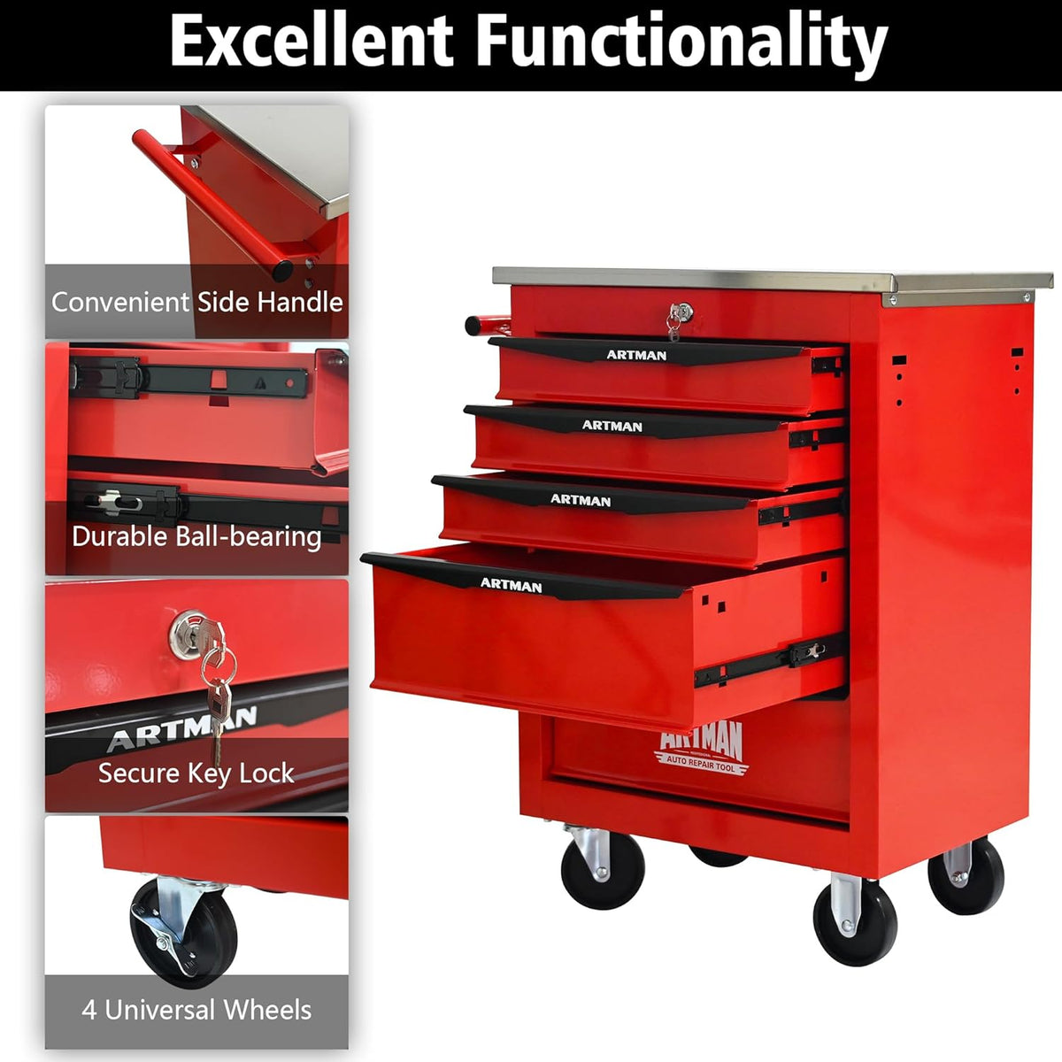 ELIHGTBY Servante d'Atelier Vide à 5 Tiroirs, Chariot d'Outils Robuste sur roulettes - Établi Mobile avec Verrouillage Centralisé, Armoire de Rangement pour Garage, Servante Atelier Rouge et Noir