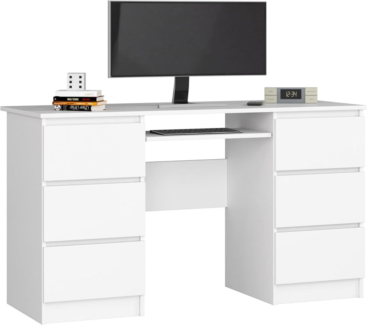 AKORD Bureau Ordinateur PC A11 avec Tablette Clavier | L135 x H77 x P50 cm 60 kg | 6 Tiroirs | Grand Bureau de Chambre PC Desk Table, Moderne