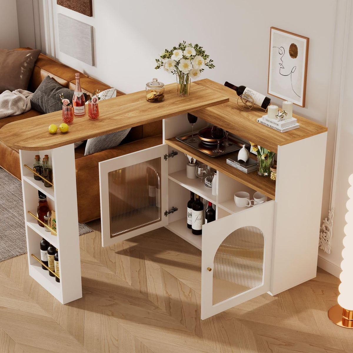 Sweiko Bar télescopique Table Moderne avec Espace de Rangement, Table d'appoint Haute, pivotante,Meuble de Rangement pour la Salle à Manger (White)