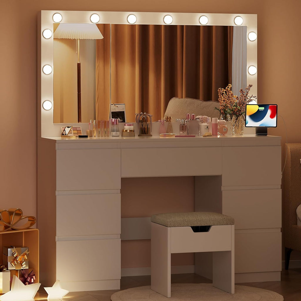 Airfish Coiffeuse avec 12 Ampoules LED et Grand Miroir, Éclairage Réglable, 120x40x140cm, Table de Maquillage avec Multiprise, Rangement pour Bijoux Derrière Le Miroir et 7 Tiroirs
