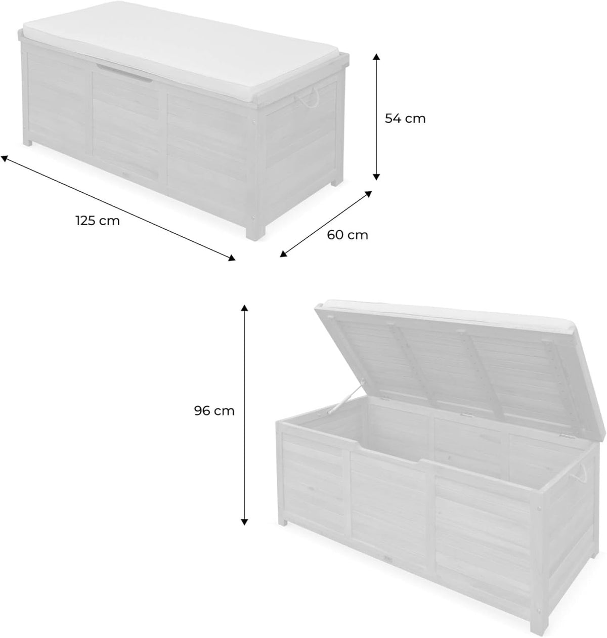 Coffre de Jardin en Bois - Caja - 125x60cm Rangement Coussins avec vérin et poignées (Gris)