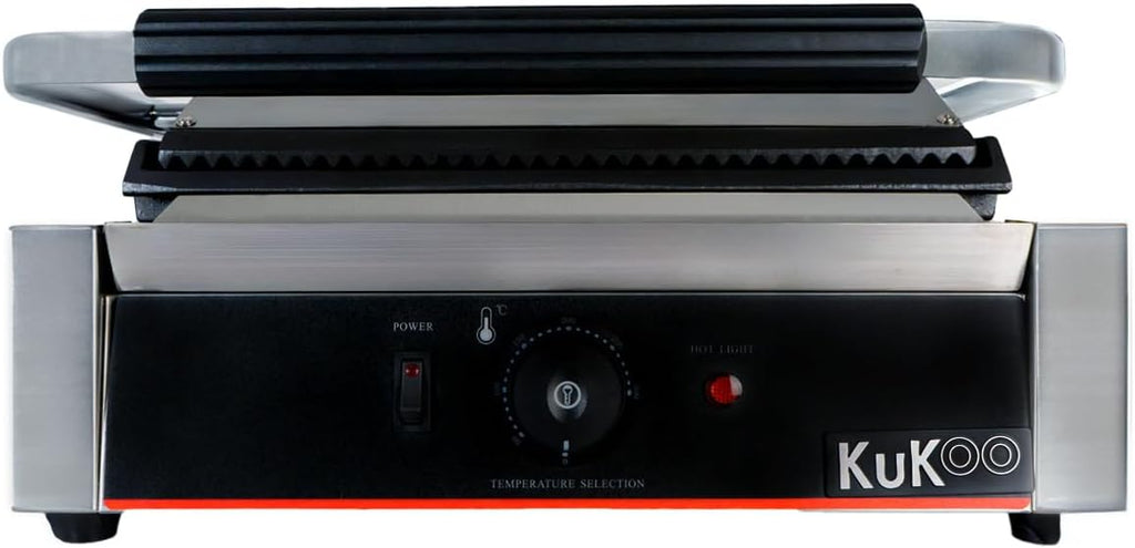 Presse à Panini Professionnelle Grill Electrique - 1 plaque Inox Rainurée 2200W 50-300 C - Parfait Sandwicherie, Restaurant HORECA Grille Poisson Légumes Croques Viande Brosse Nettoyage INCLUSE