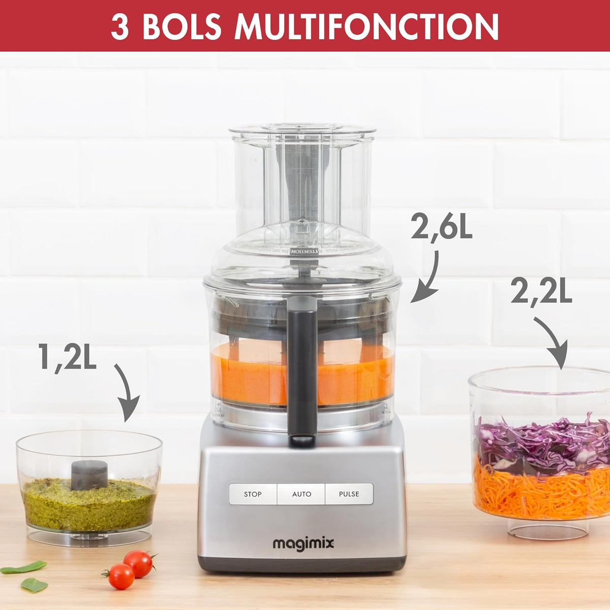 Magimix Robot de Cuisine multifonction 3200 Chrome Brillant Compact Bol 2.6L - Hachoir, Blender - Fabriqué en France
