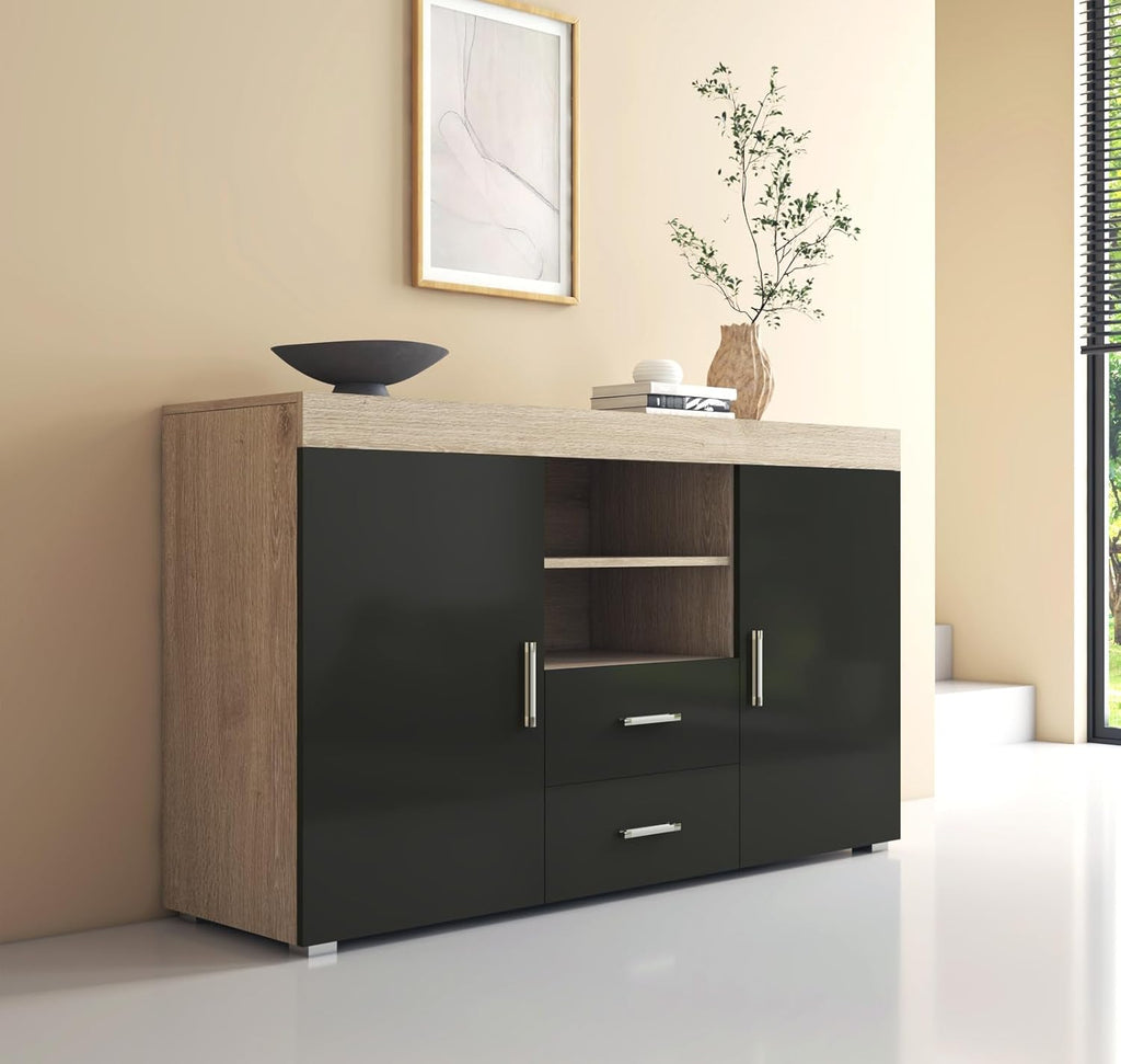 MB Muebles Bonitos, Buffet Roque pour Salon et Salle à Manger Moderne, Meuble TV en Mélamine, Couleur Sonoma Mat et Noir Brillant, 140x80x40 cm